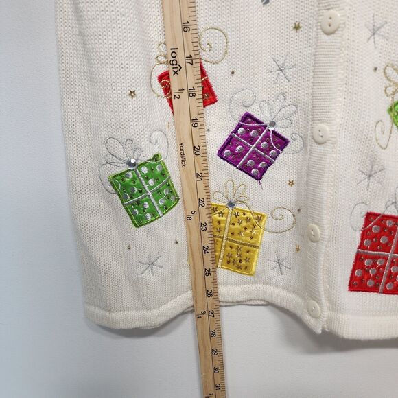 Vintage Kim Rogers Christmas Sweater Vest Size L Ivory Snowflake Gifts Sequin - Picture 10 of 12